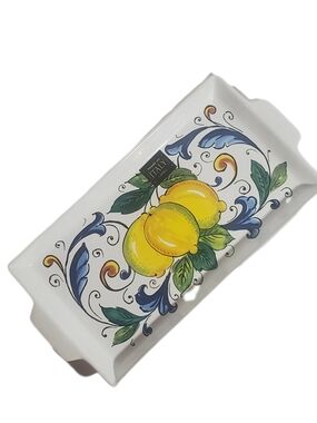 Nova Deruta Rectangle Serving Tray Platter w Handles Hand-Painted Elegant Lemon